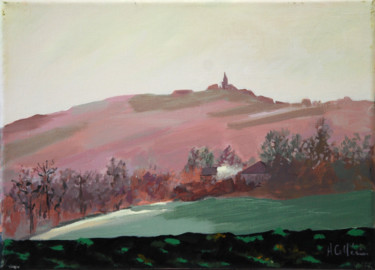 Peinture intitulée "Puylaurens en rose" par Agnès Cellérier, Œuvre d'art originale, Huile Monté sur Châssis en bois