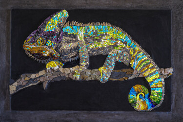 Sculpture titled "LEON" by Agnès Couret, Original Artwork, Mosaic Mounted on Wood Panel