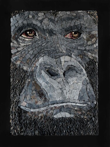 Escultura intitulada "gare au gorille" por Agnès Couret, Obras de arte originais, Mosaico Montado em Armação em madeira