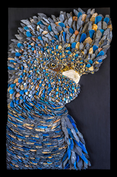 Skulptur mit dem Titel "Cacatoès 3" von Agnès Couret, Original-Kunstwerk, Mosaik Auf Holzplatte montiert