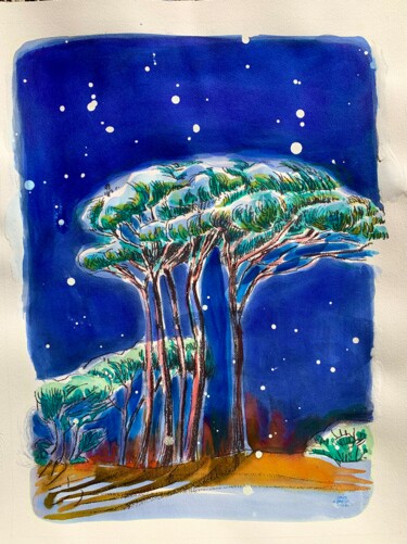 Rysunek zatytułowany „Des pins la nuit” autorstwa Agnes D'Andon, Oryginalna praca, Atrament