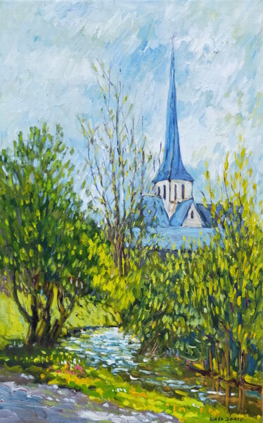 Painting titled "Eglise de Bures" by Agnès Dortu, Original Artwork, Oil Mounted on Wood Stretcher frame
