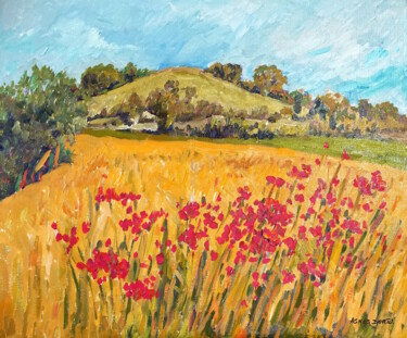Painting titled "Coquelicots à Capval" by Agnès Dortu, Original Artwork, Oil Mounted on Wood Stretcher frame