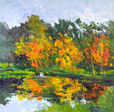 Painting titled "Automne sur l'étang" by Agnès Dortu, Original Artwork, Oil Mounted on Wood Stretcher frame