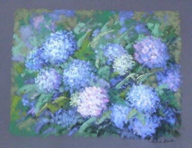 Painting titled "Hortensias bleus" by Agnès Dortu, Original Artwork, Pastel Mounted on Cardboard