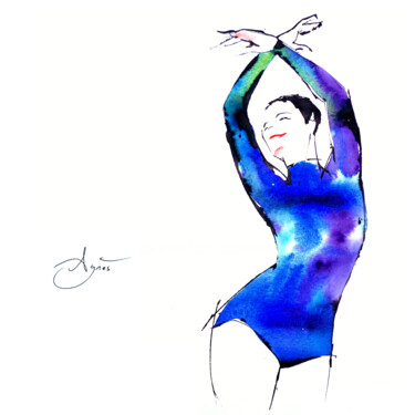 Pintura titulada "Buste bleu" por Agnès Grégis (Au pinceau dansant), Obra de arte original, Acuarela