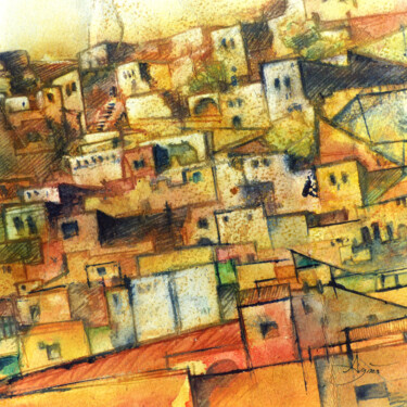 Schilderij getiteld "Village de Cappadoce" door Agnès Grégis (Au pinceau dansant), Origineel Kunstwerk, Aquarel