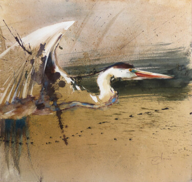 Peinture intitulée "Héron en vol" par Agnès Grégis (Au pinceau dansant), Œuvre d'art originale, Aquarelle