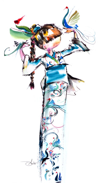 Peinture intitulée "Japonaise aux deux…" par Agnès Grégis (Au pinceau dansant), Œuvre d'art originale, Aquarelle