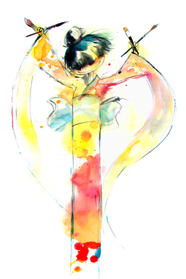 Картина под названием "Japonaise Artiste" - Agnès Grégis (Au pinceau dansant), Подлинное произведение искусства, Акварель