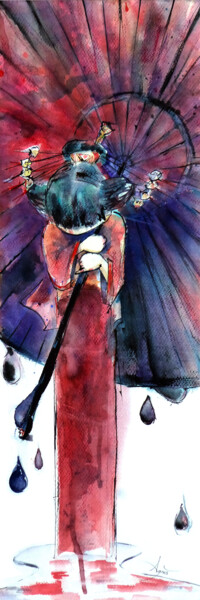 Pintura titulada "Japonaise au parapl…" por Agnès Grégis (Au pinceau dansant), Obra de arte original, Acuarela