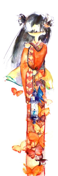 Картина под названием "Japonaise à la lant…" - Agnès Grégis (Au pinceau dansant), Подлинное произведение искусства, Акварель