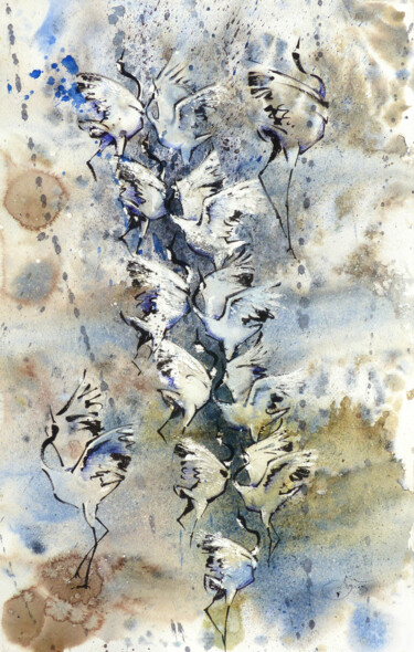 「Floraison de grues」というタイトルの絵画 Agnès Grégis (Au pinceau dansant)によって, オリジナルのアートワーク, 水彩画