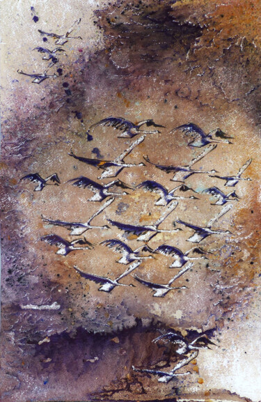 Malerei mit dem Titel "Cygnes rupestres" von Agnès Grégis (Au pinceau dansant), Original-Kunstwerk, Aquarell