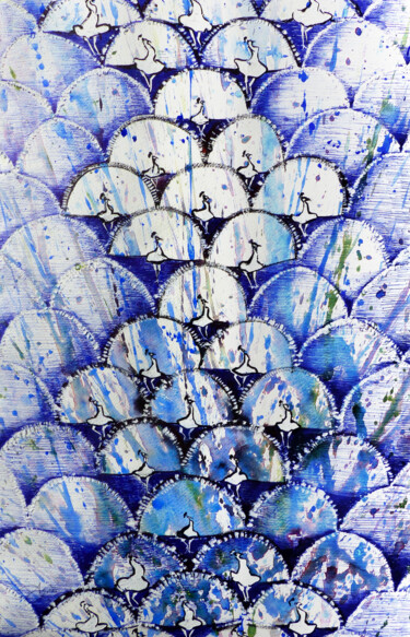Pintura titulada "Les Paons bleus" por Agnès Grégis (Au pinceau dansant), Obra de arte original, Bolígrafo