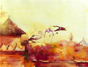 Painting titled "Deux Cigognes sur u…" by Agnès Grégis (Au pinceau dansant), Original Artwork, Watercolor