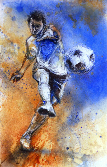 Pintura intitulada "Le footballeur" por Agnès Grégis (Au pinceau dansant), Obras de arte originais, Aquarela