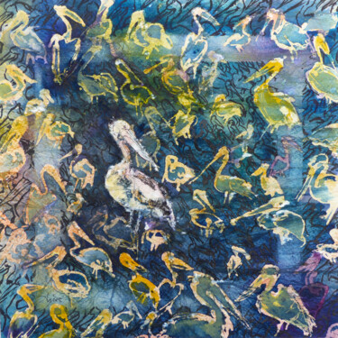 Peinture intitulée "Pélicans au carré" par Agnès Grégis (Au pinceau dansant), Œuvre d'art originale, Aquarelle