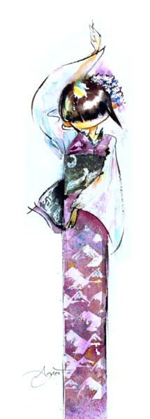 Pintura intitulada "Japonaise "Un air d…" por Agnès Grégis (Au pinceau dansant), Obras de arte originais, Aquarela