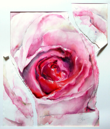 Painting titled "Cœur de rose" by Agnès Grégis (Au pinceau dansant), Original Artwork, Watercolor