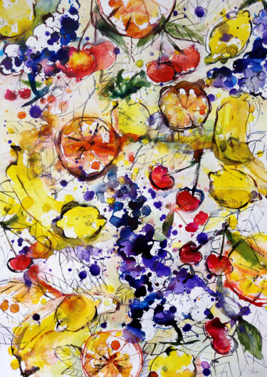 「Tutti Frutti」というタイトルの絵画 Agnès Grégis (Au pinceau dansant)によって, オリジナルのアートワーク, 水彩画 その他の剛性パネルにマウント
