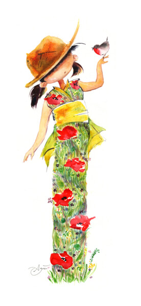 绘画 标题为“Japonaise au rouge-…” 由Agnès Grégis (Au pinceau dansant), 原创艺术品, 水彩