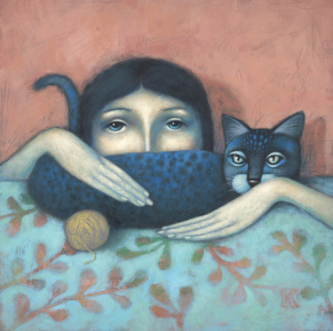 Painting titled "Blue cat" by Ágnes Kelemen, Original Artwork, Acrylic