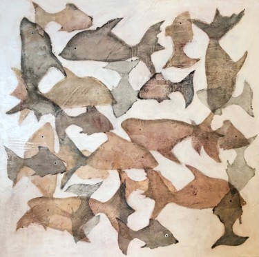 Schilderij getiteld "Impression poissons" door Agnes Rolin, Origineel Kunstwerk, Acryl Gemonteerd op Frame voor houten branc…