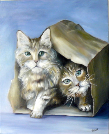 Malerei mit dem Titel "Jeux de chats" von Agnès Tassara, Original-Kunstwerk, Öl