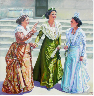 Painting titled "3 arlésiennes en ro…" by Agnès Borg-Burglen, Original Artwork, Oil Mounted on Wood Stretcher frame