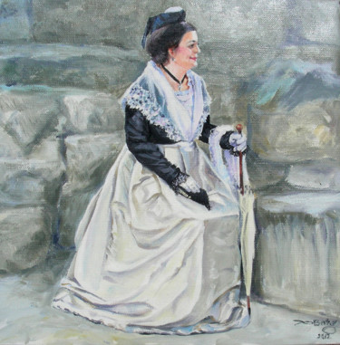 Painting titled "arlésienne assise e…" by Agnès Borg-Burglen, Original Artwork, Oil Mounted on Wood Stretcher frame