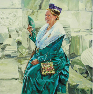 Painting titled "Arlésienne en robe…" by Agnès Borg-Burglen, Original Artwork, Oil Mounted on Cardboard