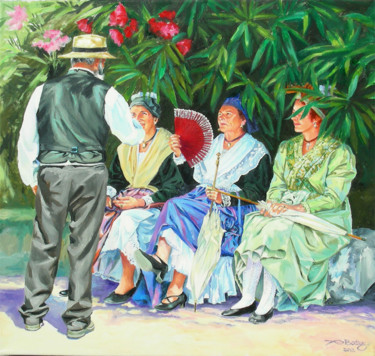 Pintura intitulada "causette sous les l…" por Agnès Borg-Burglen, Obras de arte originais, Óleo Montado em Painel de madeira