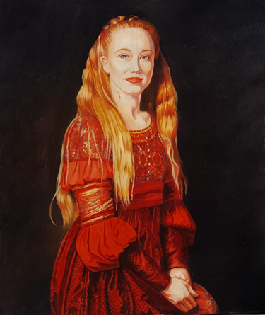 Painting titled "La dame en rouge" by Agnès Borg-Burglen, Original Artwork, Oil Mounted on Wood Stretcher frame