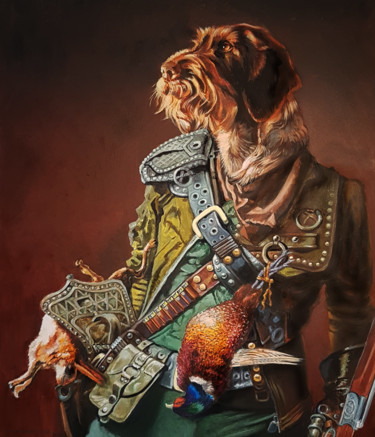 le chien chasseur Peinture intitulée "le chien chasseur" par Agnès Borg-Burglen, Œuvre d'art originale, Huile Monté sur Châssis en bois