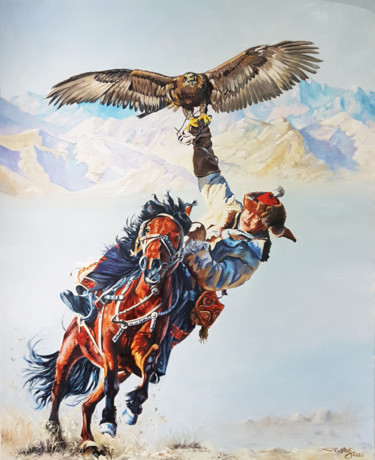 Pintura titulada "cavalier mongole" por Agnès Borg-Burglen, Obra de arte original, Oleo Montado en Bastidor de camilla de ma…