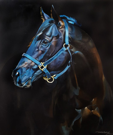 Painting titled "Le cheval bleu" by Agnès Borg-Burglen, Original Artwork, Oil Mounted on Wood Stretcher frame