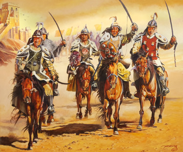 Painting titled "Charge mongole" by Agnès Borg-Burglen, Original Artwork, Oil Mounted on Wood Stretcher frame