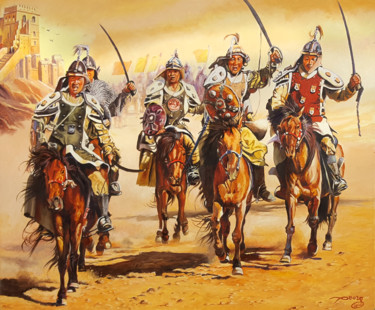 Pittura intitolato "Charge mongole" da Agnès Borg-Burglen, Opera d'arte originale, Olio Montato su Telaio per barella in leg…