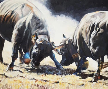 Peinture intitulée "Combat de vaches" par Agnès Borg-Burglen, Œuvre d'art originale, Huile