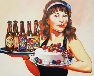 Painting titled "la serveuse de bière" by Agnès Borg-Burglen, Original Artwork, Oil Mounted on Wood Stretcher frame