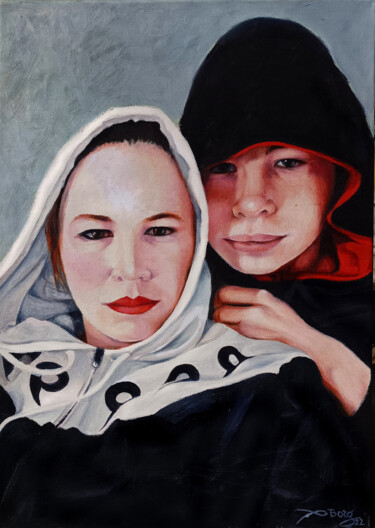 Painting titled "Liam et sa mère (16…" by Agnès Borg-Burglen, Original Artwork, Oil Mounted on Wood Stretcher frame