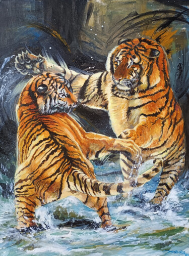 Peinture intitulée "les deux tigres " T…" par Agnès Borg-Burglen, Œuvre d'art originale, Acrylique