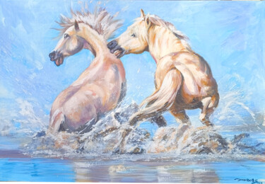 Pintura intitulada "Combat de chevaux" por Agnès Borg-Burglen, Obras de arte originais, Acrílico Montado em Armação em madei…