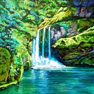 Painting titled "Cascade en Ardèche…" by Agnès Borg-Burglen, Original Artwork, Acrylic Mounted on Wood Stretcher frame