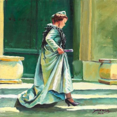 Painting titled "Arlésienne en vert" by Agnès Borg-Burglen, Original Artwork, Oil Mounted on Wood Stretcher frame