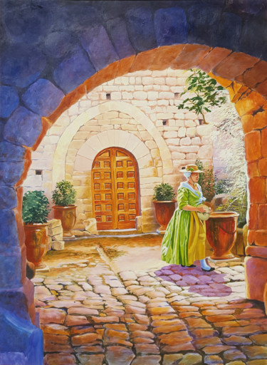 Painting titled "Le patio pavé" by Agnès Borg-Burglen, Original Artwork, Oil