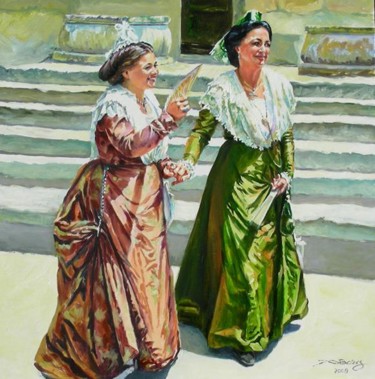 Peinture intitulée "2 arlésiennes en ro…" par Agnès Borg-Burglen, Œuvre d'art originale, Huile Monté sur Carton