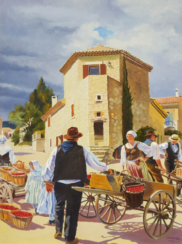 Painting titled "le marché aux ceris…" by Agnès Borg-Burglen, Original Artwork, Oil Mounted on Cardboard