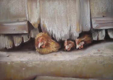 Drawing titled "3 poules" by Agnes Corre, Original Artwork, Pastel